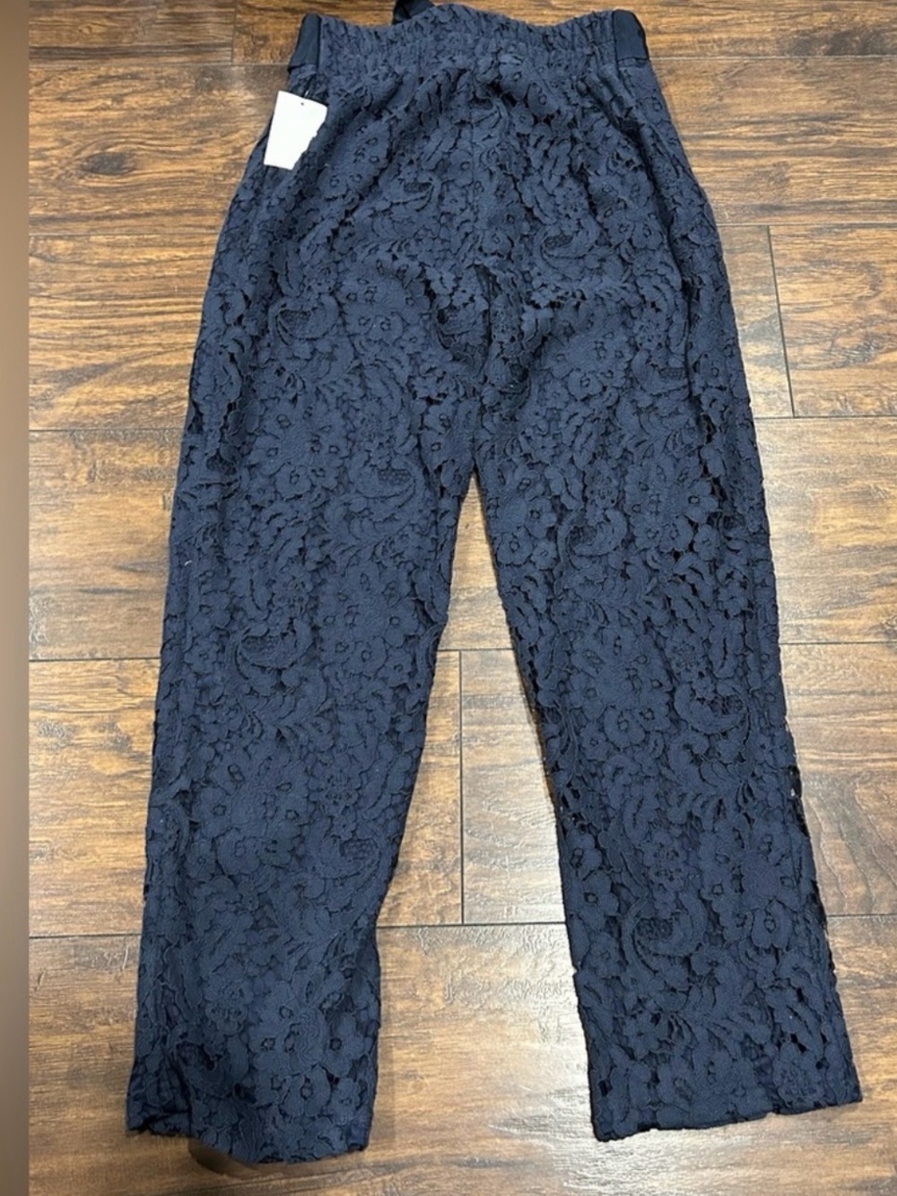 Lace Straight-Leg Pants with Self-Tie Waist in Navy - Picture 2 of 6
